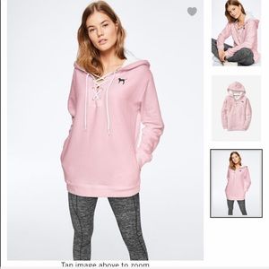 VS PINK SHERPA HOOD LACEUP CAMPUS PULLOVER PINK M